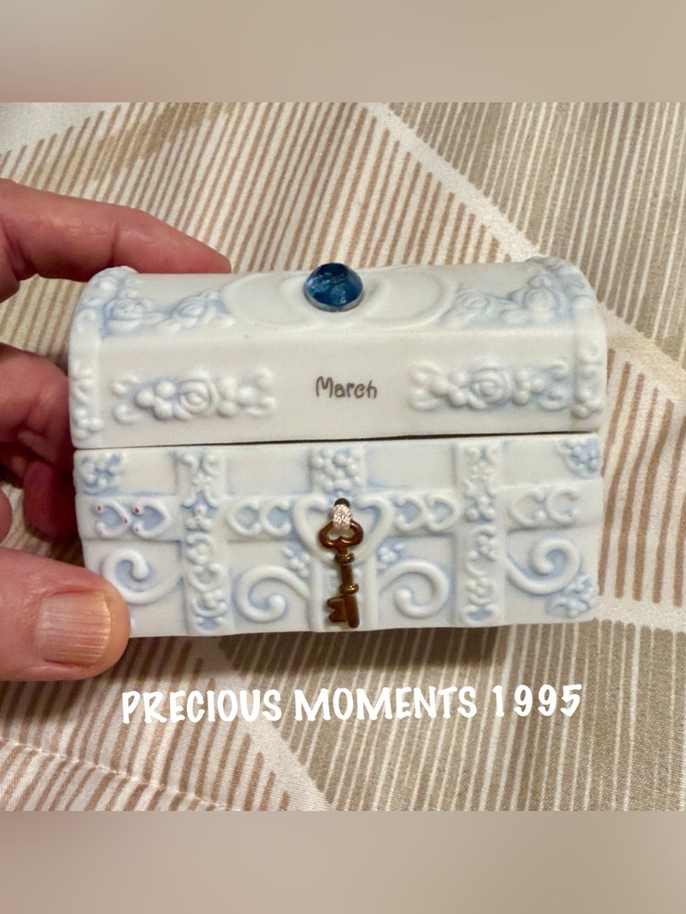 Precious Moments Vintage Porcelain Trinket Box with March Birthstone EUC